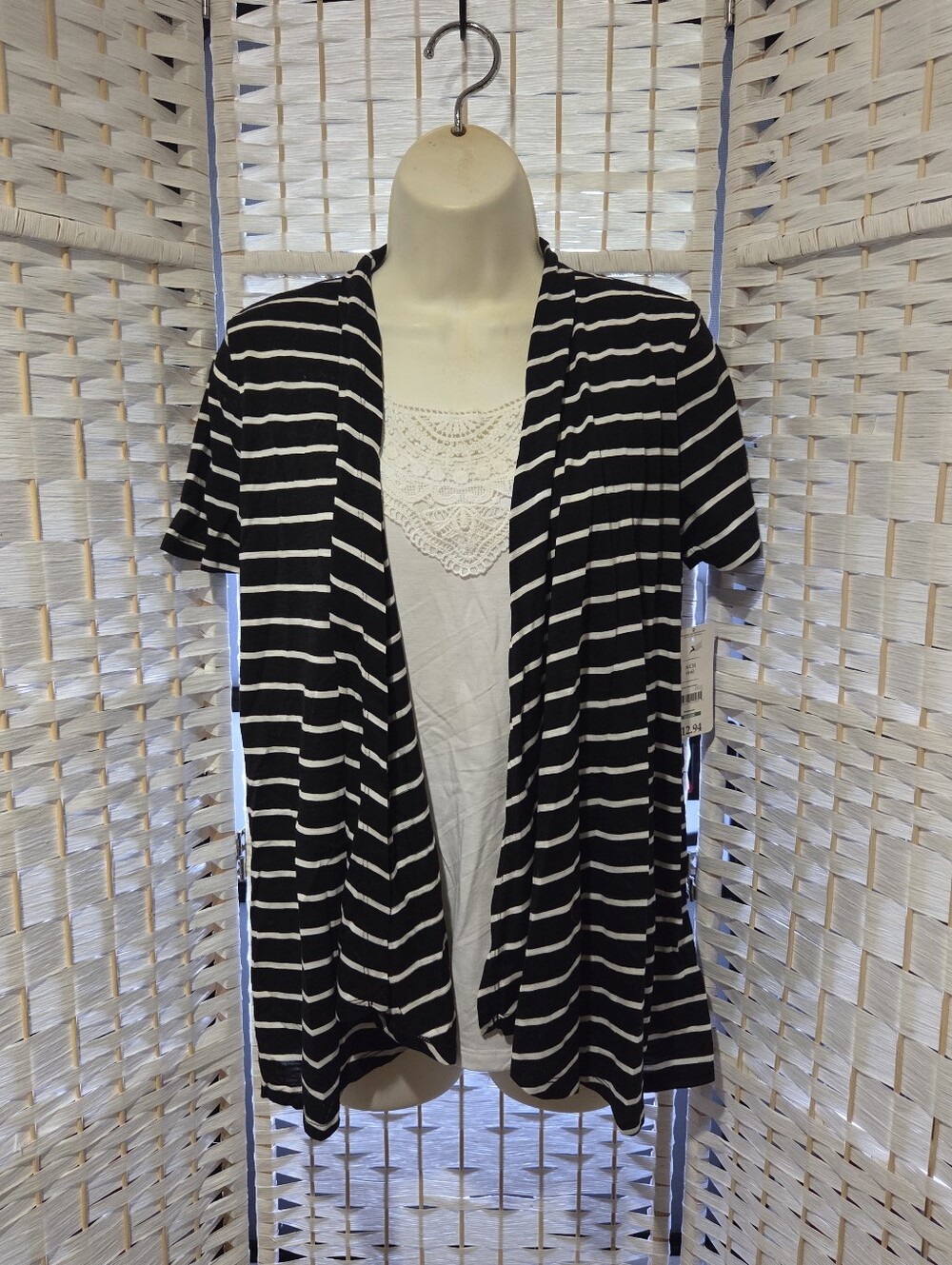 White STAG Black & White Striped Open Cardigan with White Crochet Tank